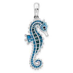 De-Ani Sterling Silver Rhodium-Plated Polished 3D Enameled Blue Seahorse Pendant