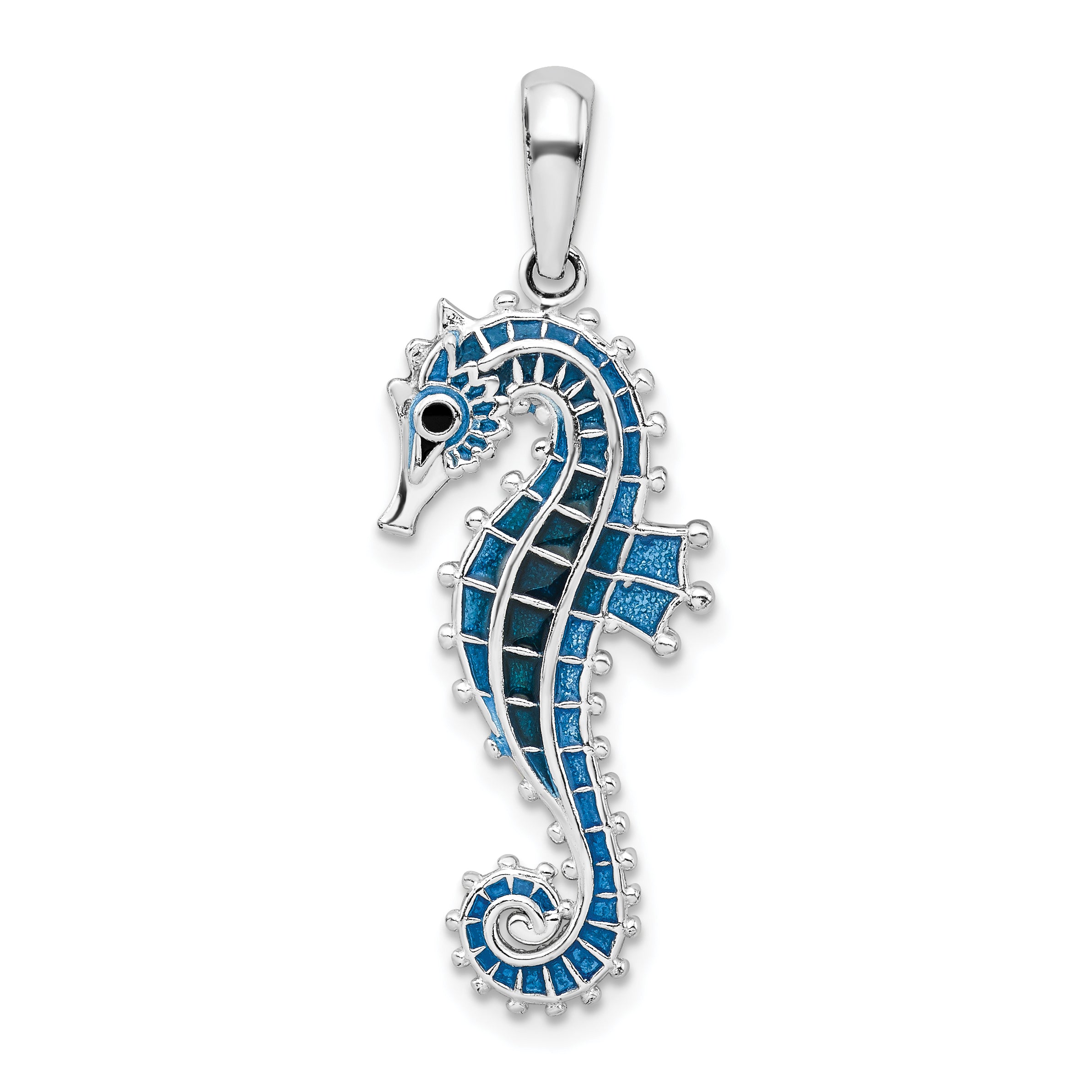 De-Ani Sterling Silver Rhodium-Plated Polished 3D Enameled Blue Seahorse Pendant