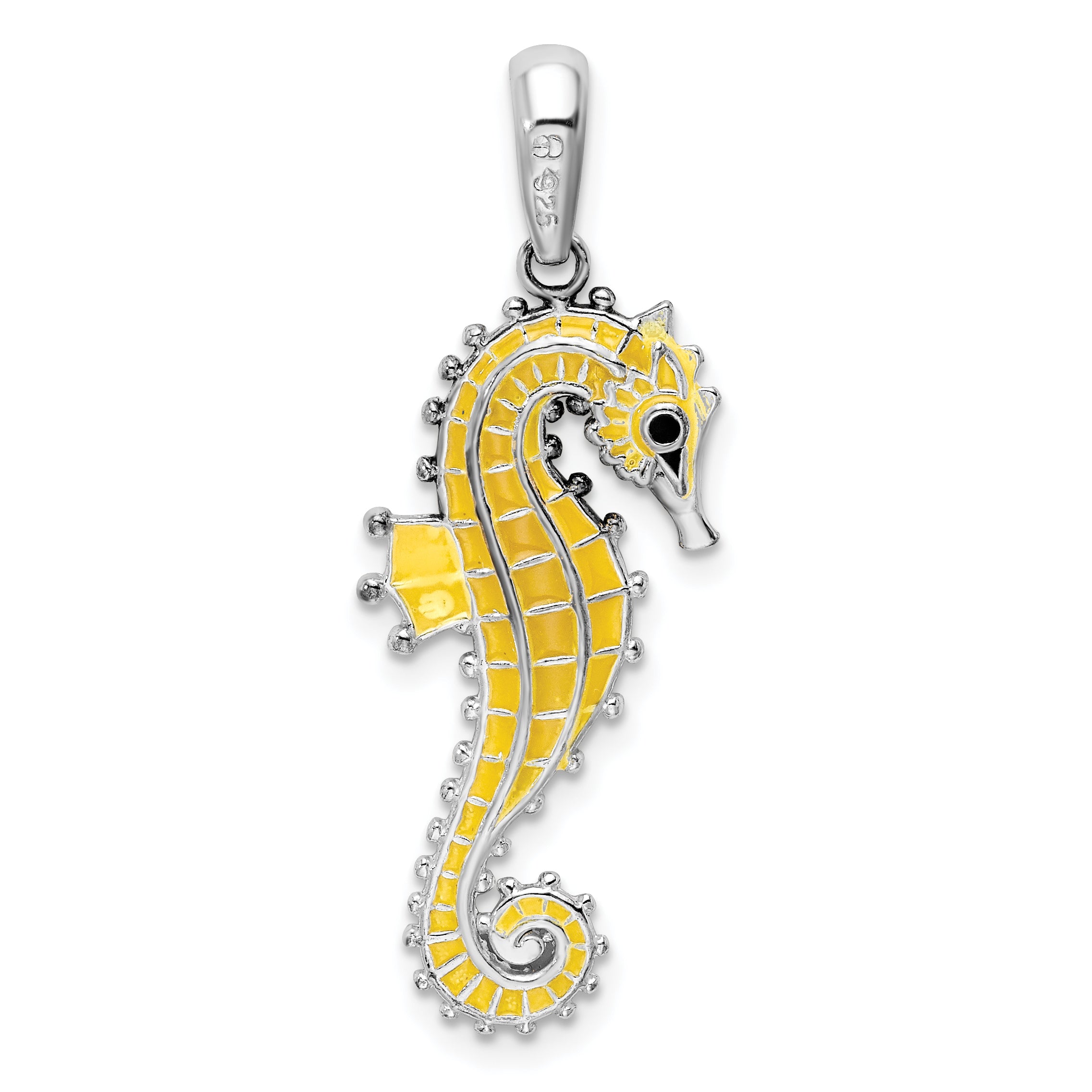 De-Ani Sterling Silver Rhodium-Plated 3D Enameled Yellow Seahorse Pendant