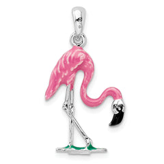 De-Ani Sterling Silver Rhodium-Plated Polished 3D Pink Flamingo Pendant