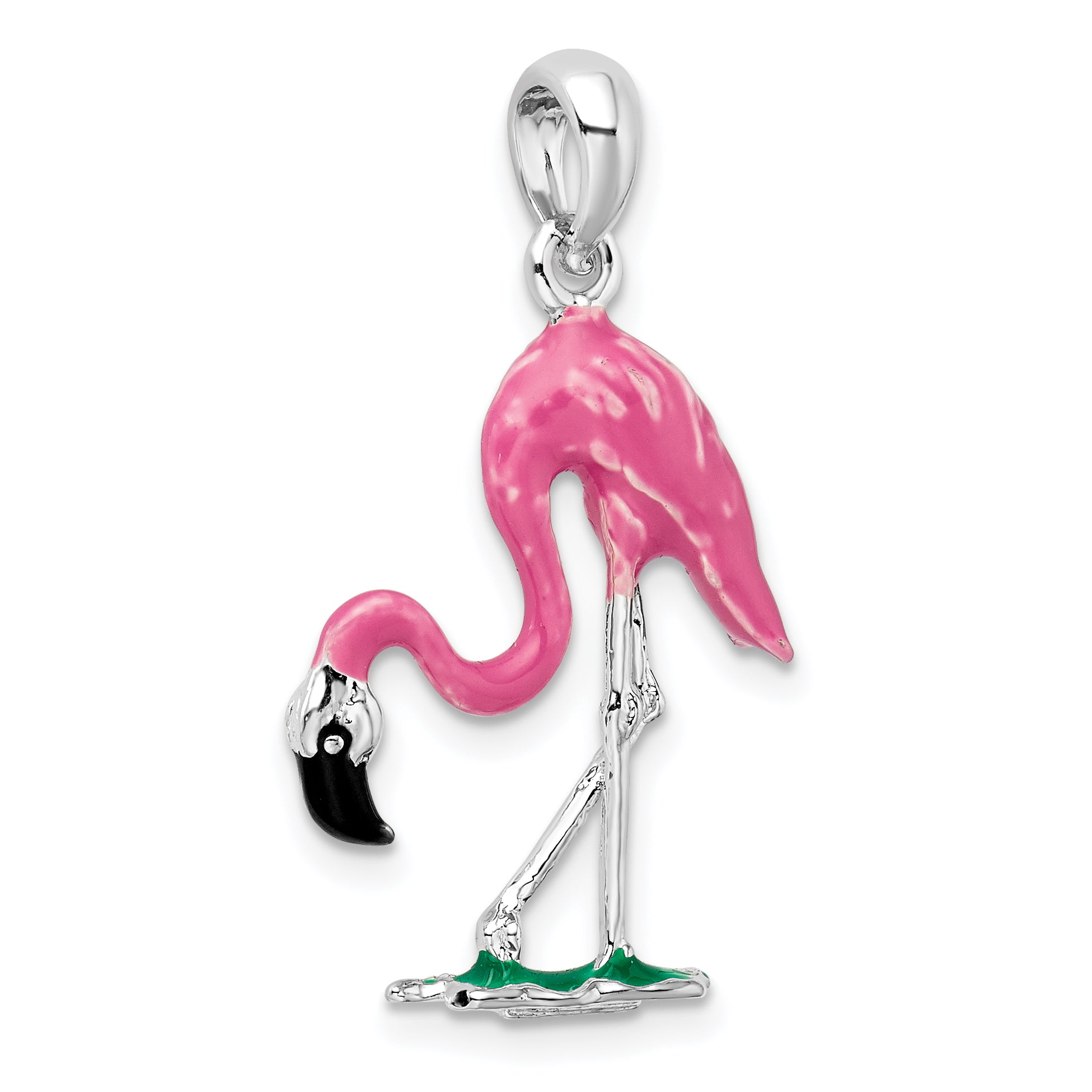 De-Ani Sterling Silver Rhodium-Plated Polished 3D Pink Flamingo Pendant