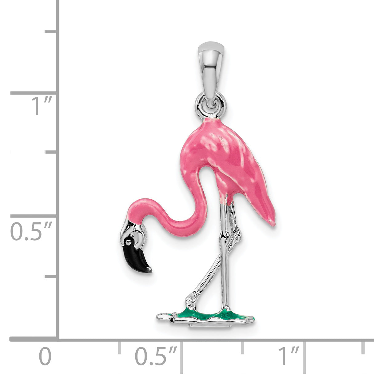 De-Ani Sterling Silver Rhodium-Plated Polished 3D Pink Flamingo Pendant