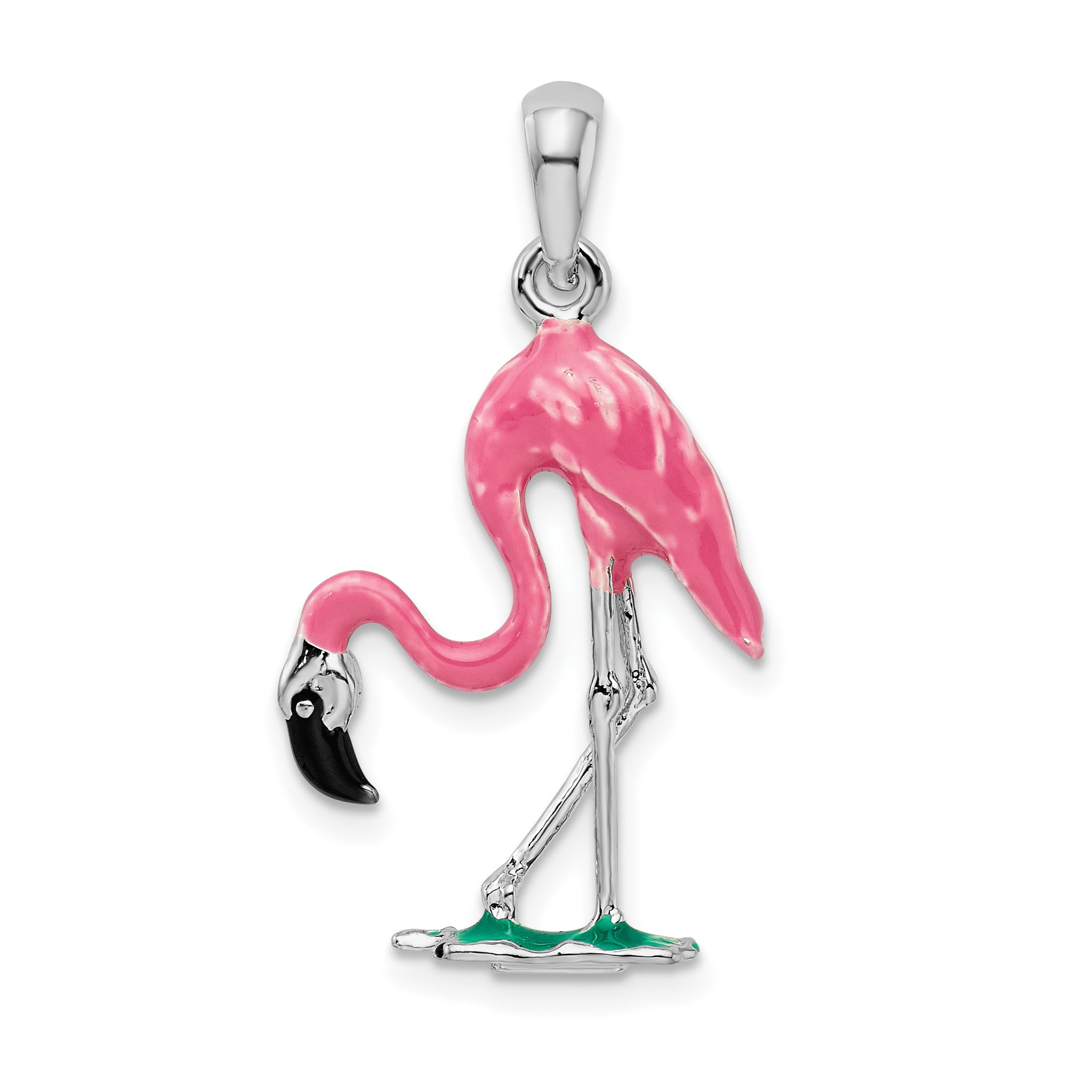 De-Ani Sterling Silver Rhodium-Plated Polished 3D Pink Flamingo Pendant