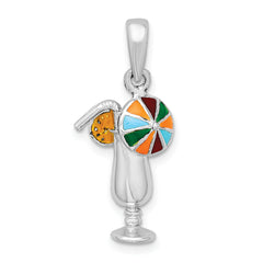 De-Ani Sterling Silver Rhodium-Plated Polished Enameled Tropical Drink Pendant