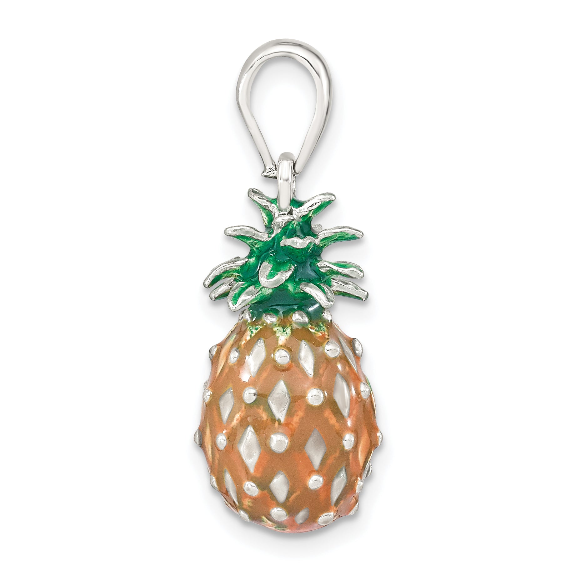 De-Ani Sterling Silver Rhodium-Plated Polished 3D Enameled Pineapple Pendant