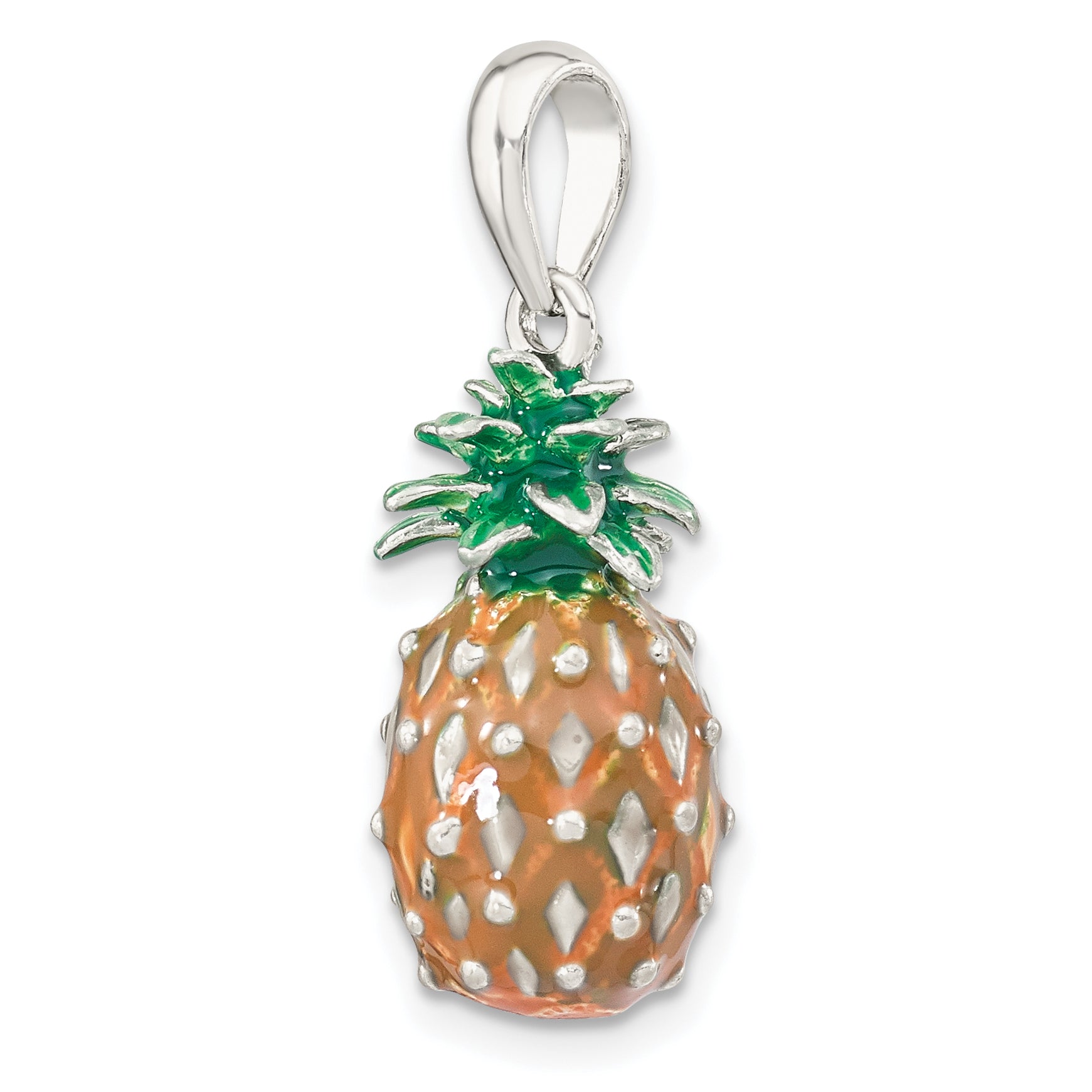 De-Ani Sterling Silver Rhodium-Plated Polished 3D Enameled Pineapple Pendant