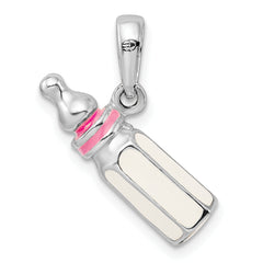 De-Ani Sterling Silver Rhodium-Plated Polished 3D Pink Baby Bottle Pendant