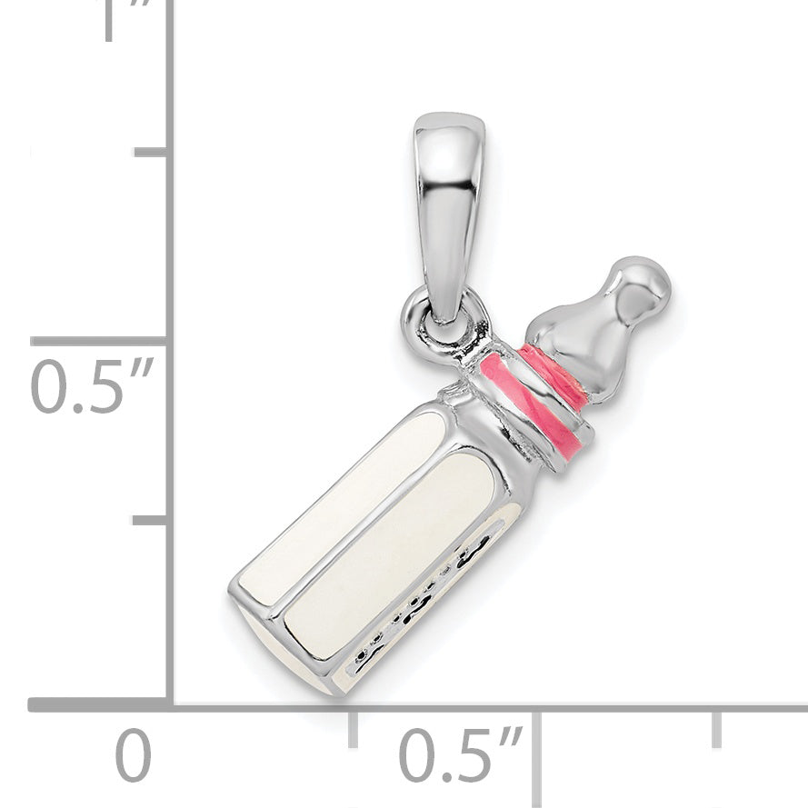 De-Ani Sterling Silver Rhodium-Plated Polished 3D Pink Baby Bottle Pendant