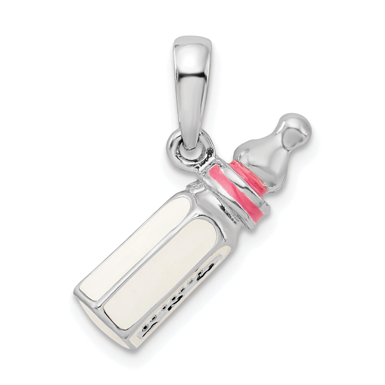 De-Ani Sterling Silver Rhodium-Plated Polished 3D Pink Baby Bottle Pendant