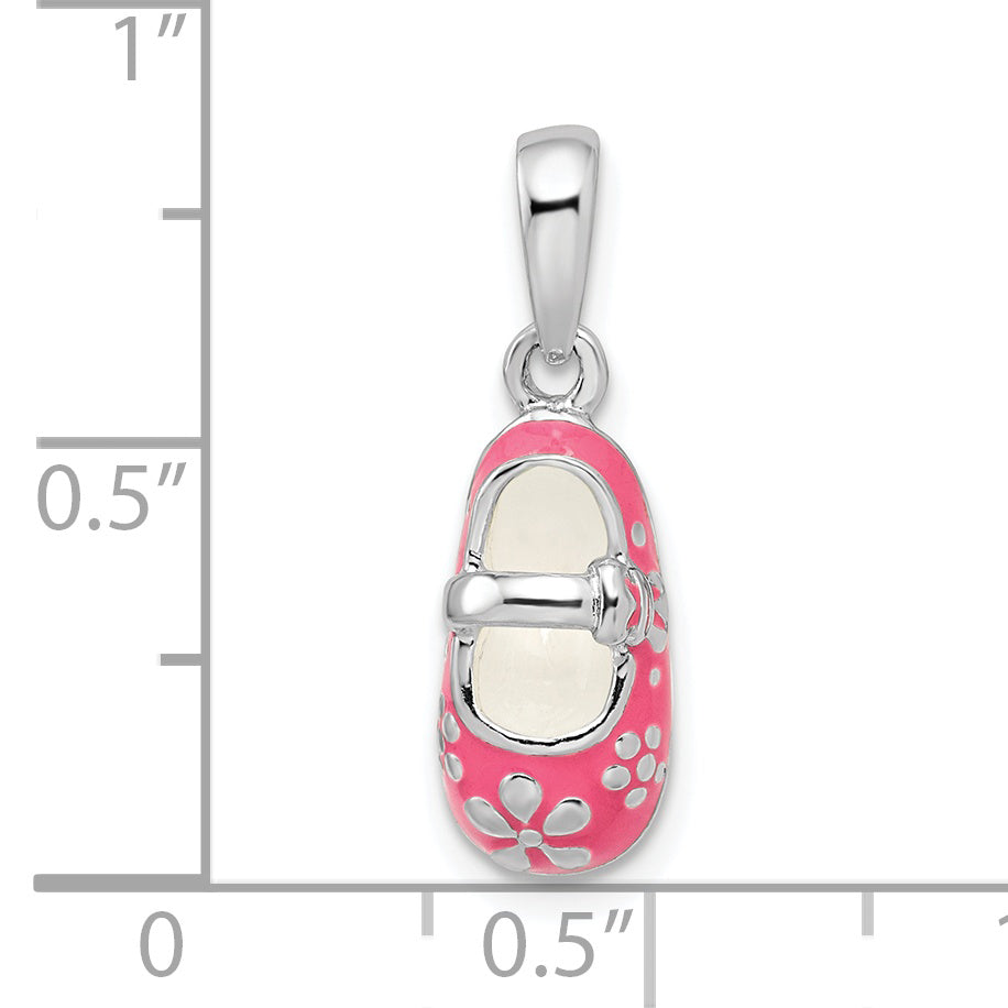 De-Ani Sterling Silver Rhodium-Plated 3D Pink Enameled Baby Shoe Pendant