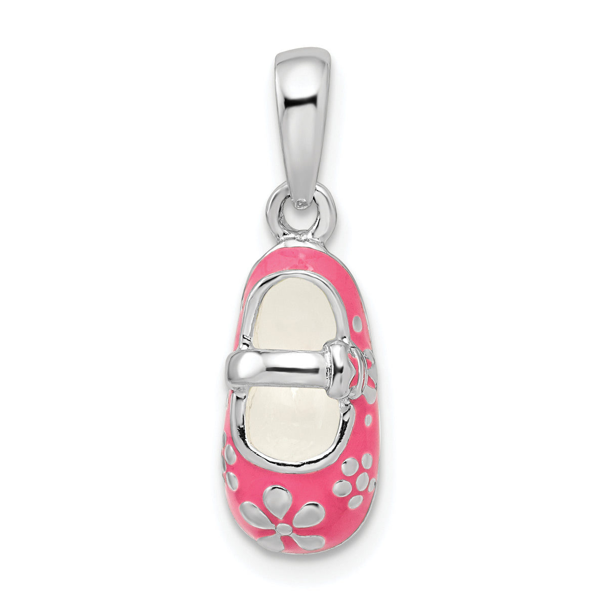 De-Ani Sterling Silver Rhodium-Plated 3D Pink Enameled Baby Shoe Pendant