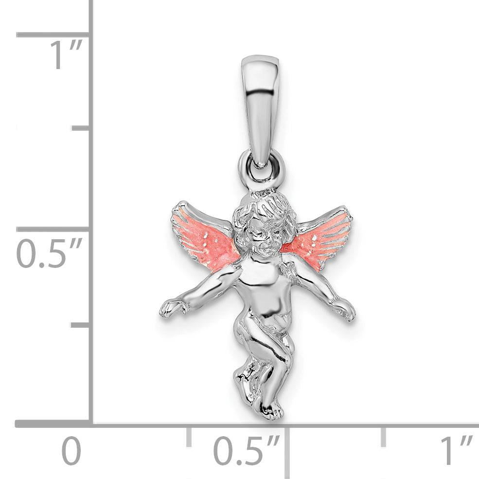 De-Ani Sterling Silver Rhodium-Plated Polished 3D Enameled Angel Pendant