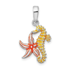 De-Ani Sterling Silver Rhodium-Plated Enameled Starfish and Seahorse Pendant