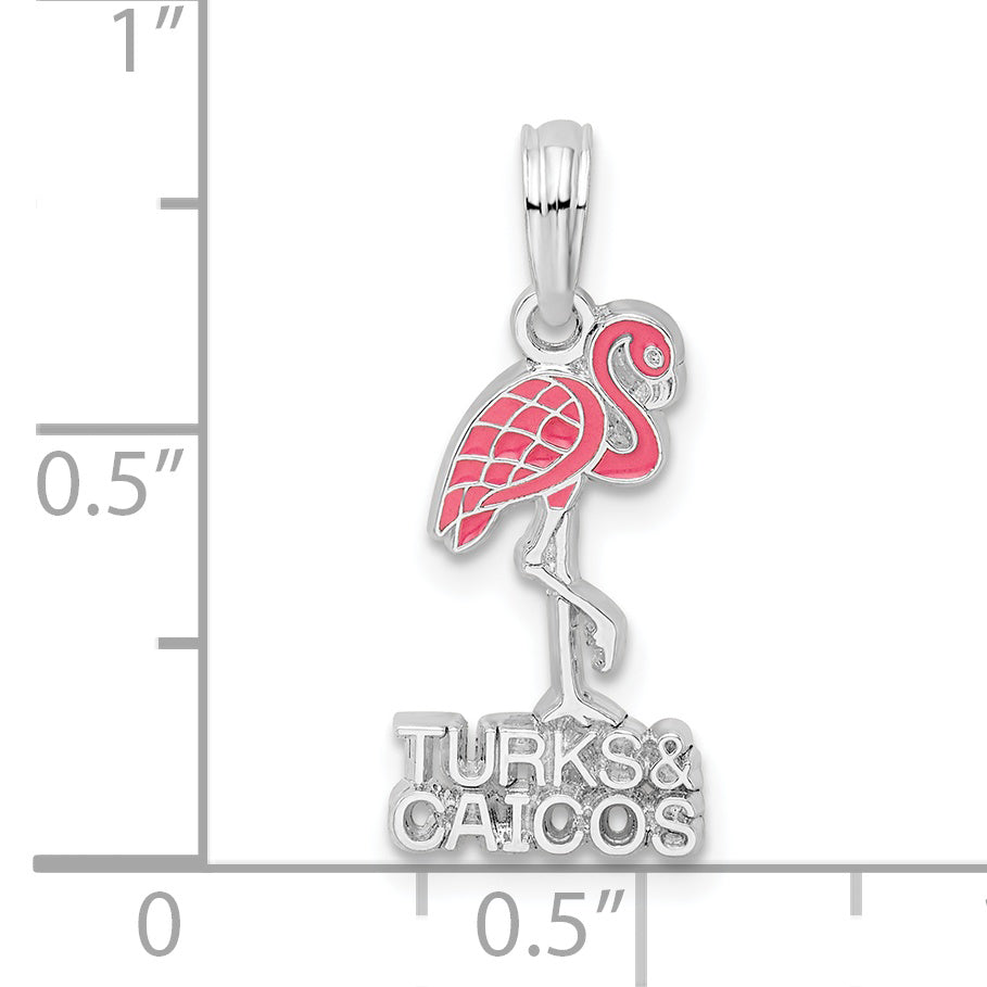 De-Ani Sterling Silver Rhodium-Plated Enameled Turks and Caicos with Flamingo Pendant