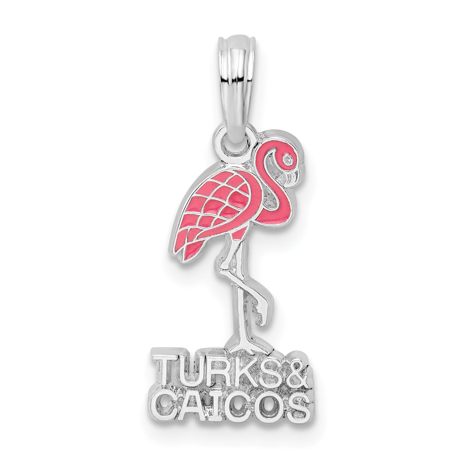 De-Ani Sterling Silver Rhodium-Plated Enameled Turks and Caicos with Flamingo Pendant