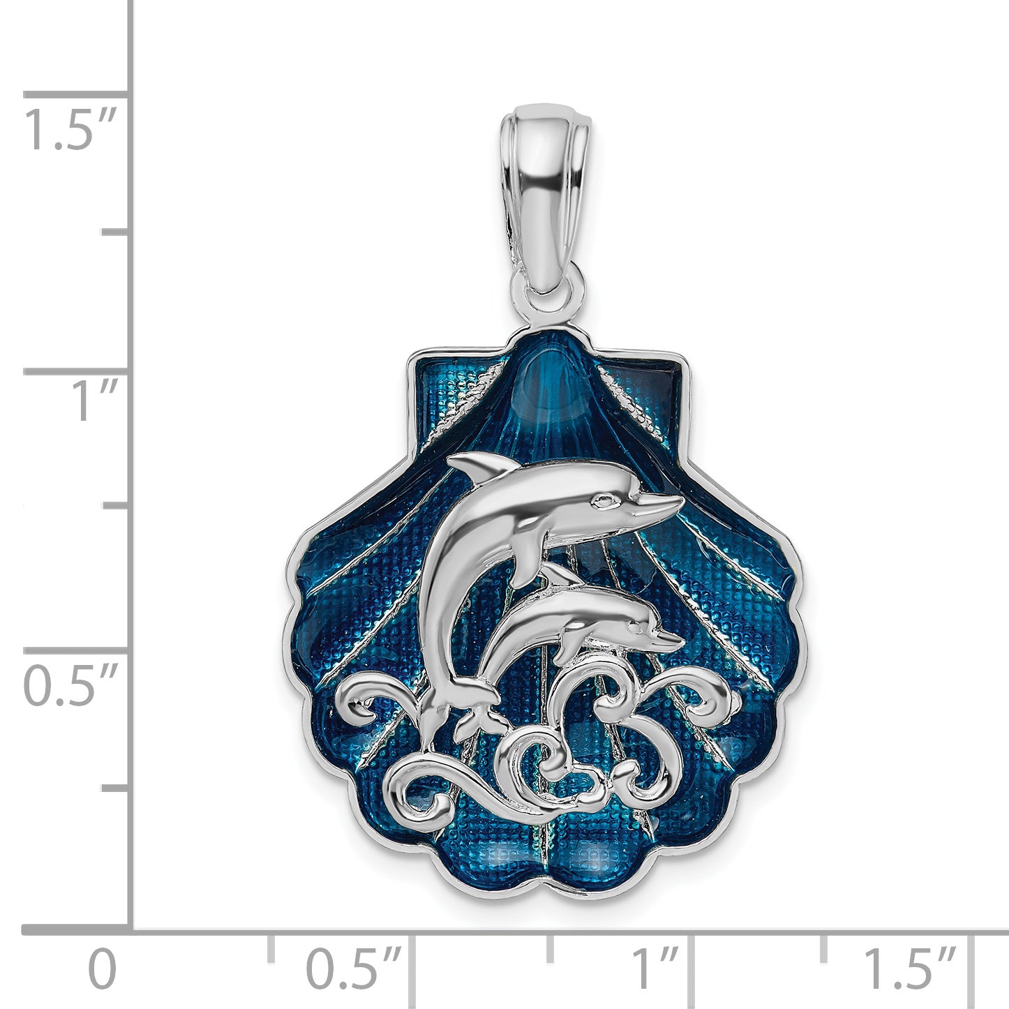 De-Ani Sterling Silver Rhodium-Plated Enameled Blue Shell with Dolphins Pendant