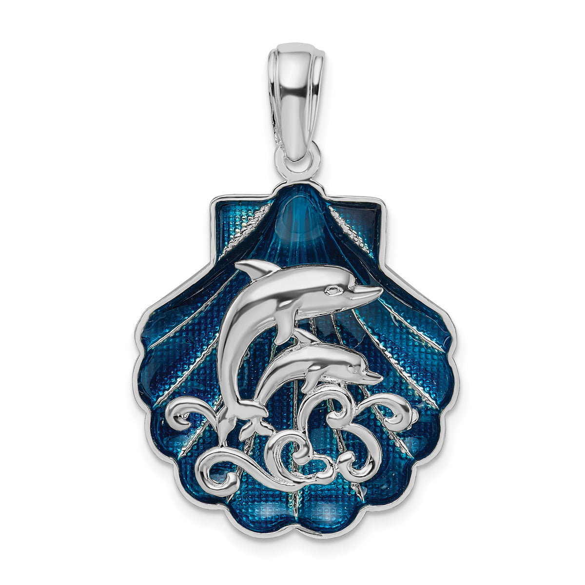 De-Ani Sterling Silver Rhodium-Plated Enameled Blue Shell with Dolphins Pendant