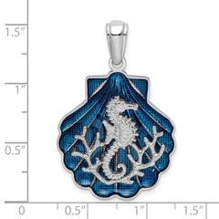 De-Ani Sterling Silver Rhodium-Plated Enameled Blue Shell with Seahorse Pendant