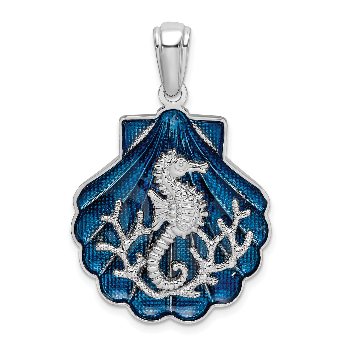 De-Ani Sterling Silver Rhodium-Plated Enameled Blue Shell with Seahorse Pendant