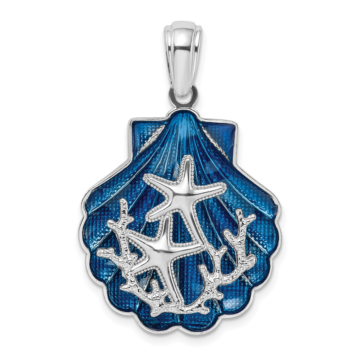 De-Ani Sterling Silver Rhodium-Plated Enameled Blue Shell with Starfish Pendant