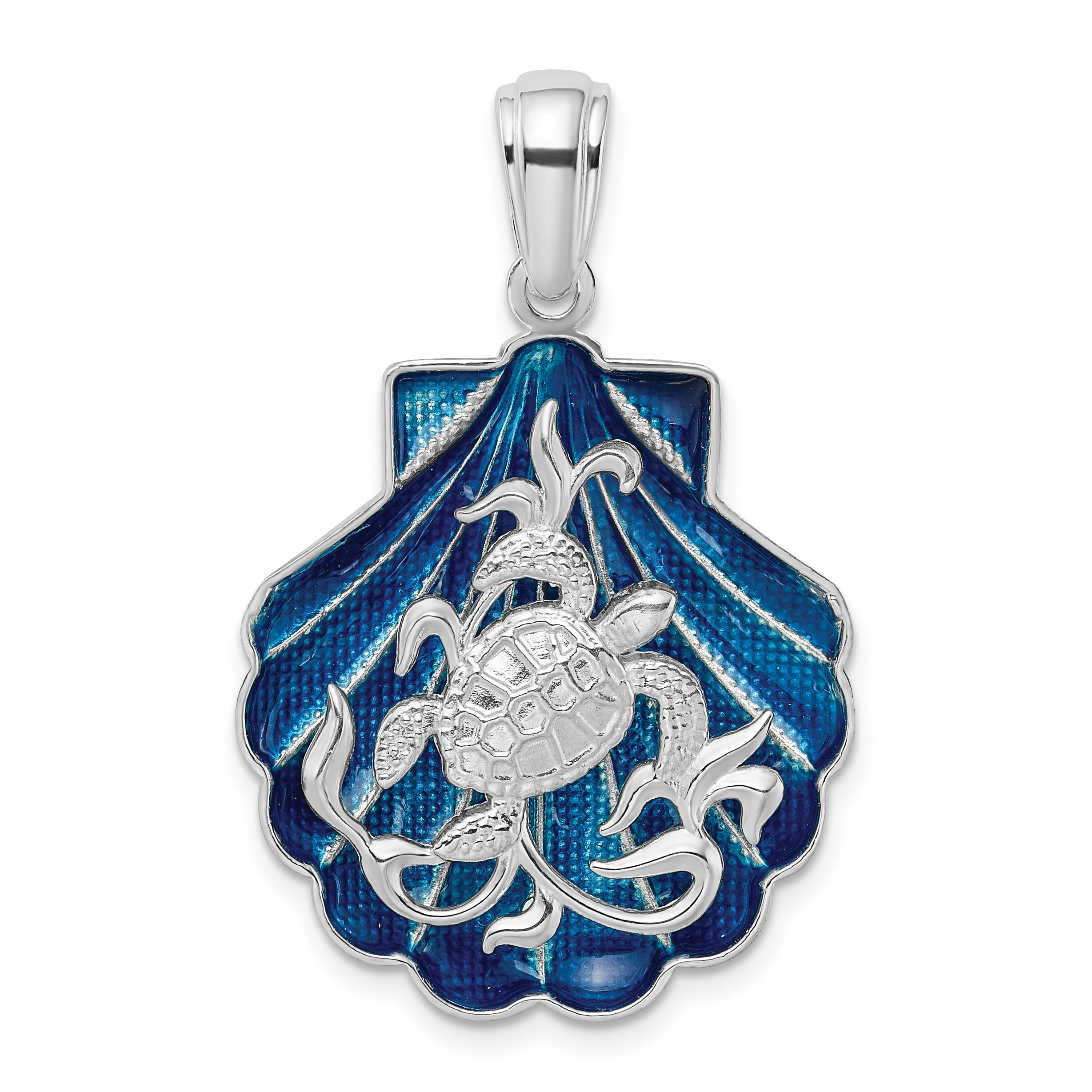 De-Ani Sterling Silver Rhodium-Plated Enameled Blue Shell with Turtle Pendant