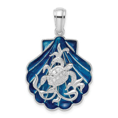 De-Ani Sterling Silver Rhodium-Plated Enameled Blue Shell with Turtle Pendant