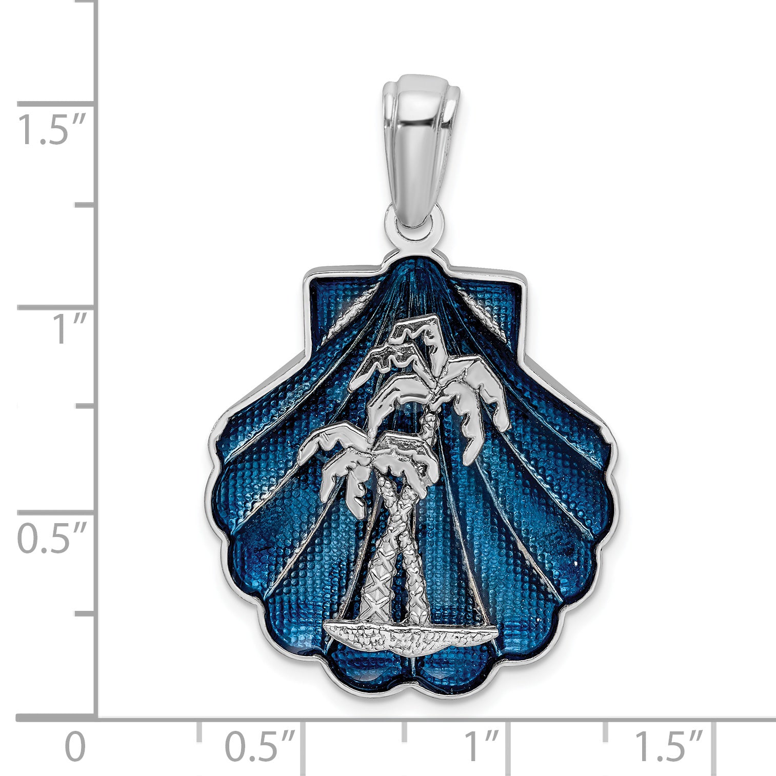 De-Ani Sterling Silver Rhodium-Plated Enameled Blue Shell with Palm Trees Pendant