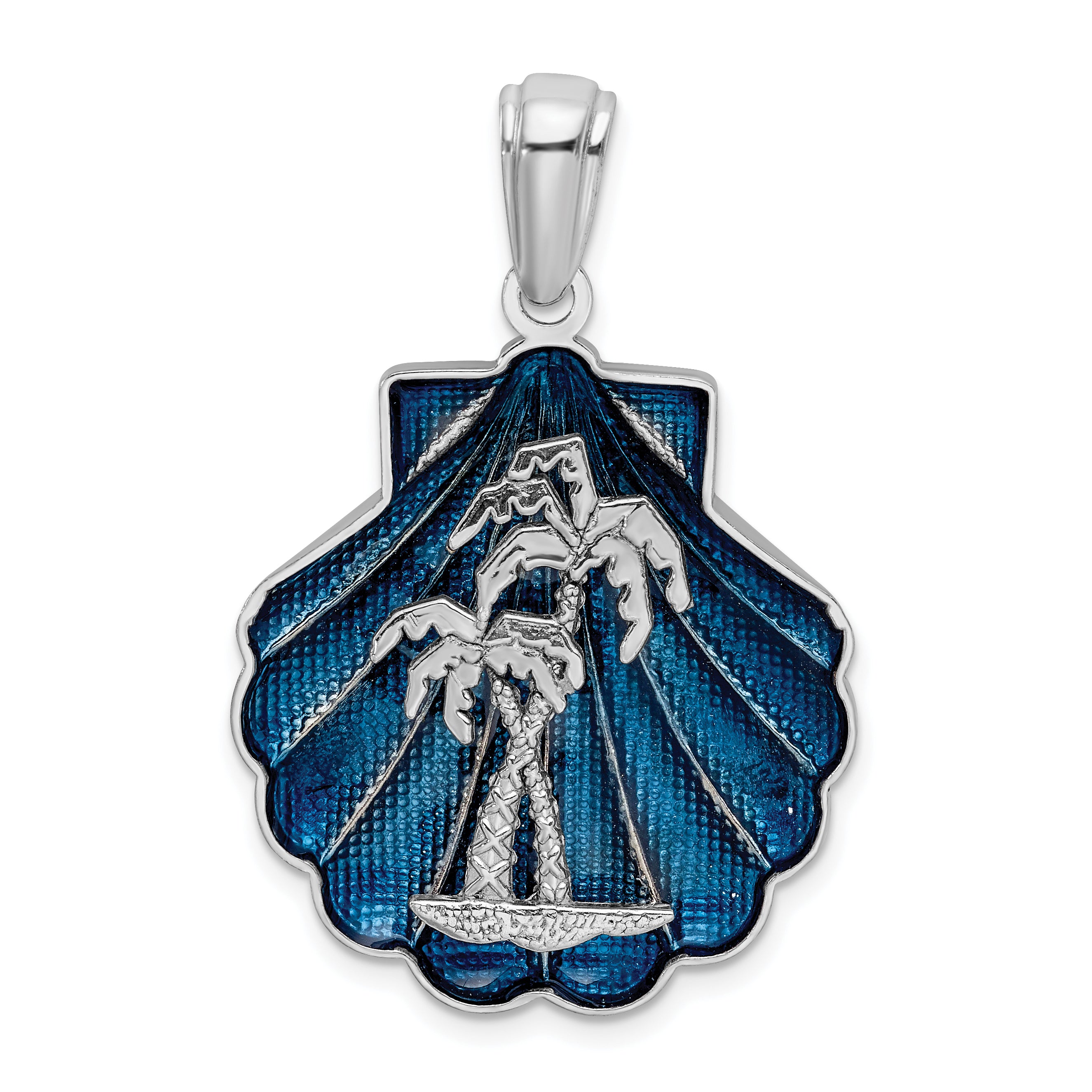 De-Ani Sterling Silver Rhodium-Plated Enameled Blue Shell with Palm Trees Pendant