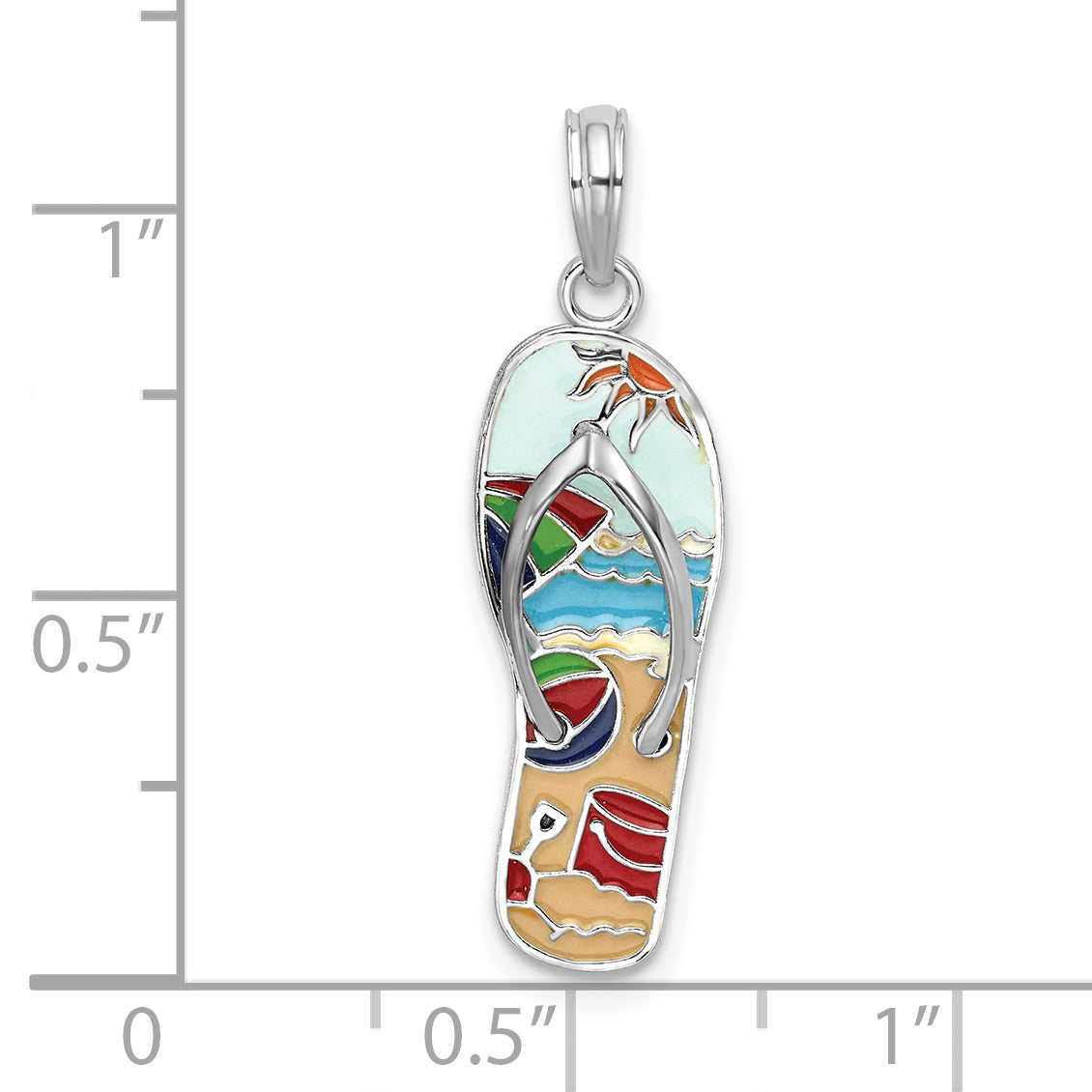 De-Ani Sterling Silver Rhodium-Plated 3D Enameled Beach Scene Flip-flop Pendant