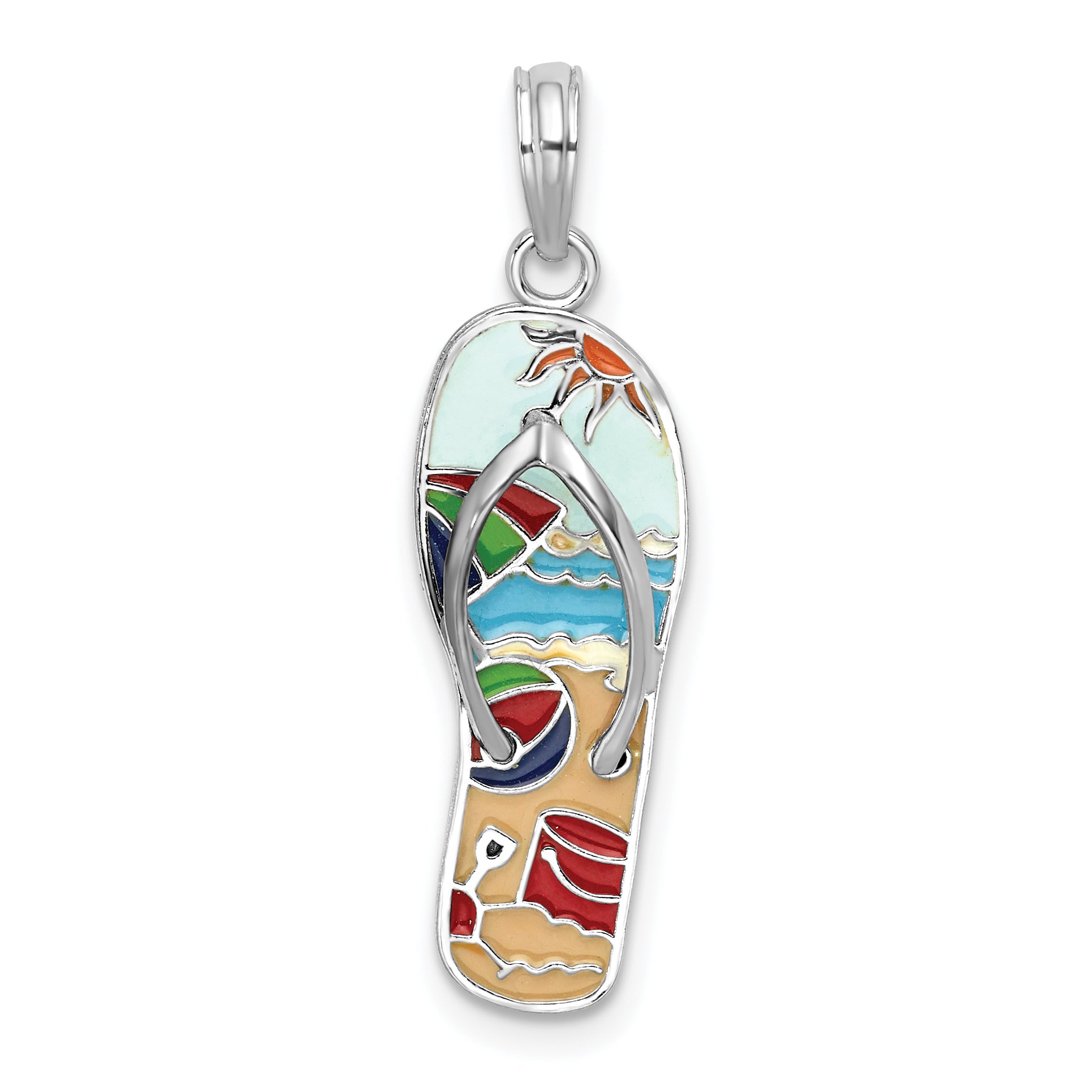 De-Ani Sterling Silver Rhodium-Plated 3D Enameled Beach Scene Flip-flop Pendant