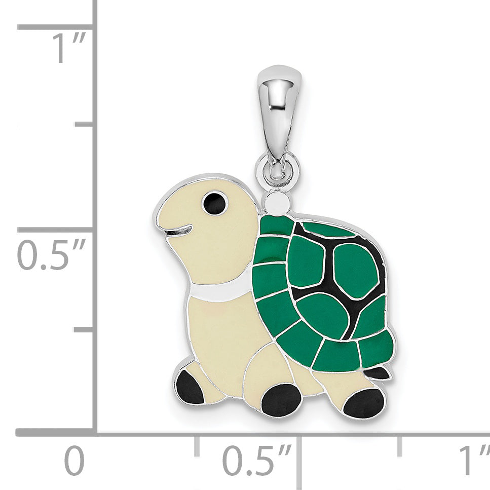 De-Ani Sterling Silver Rhodium-Plated Polished Enameled Green Turtle Pendant