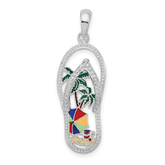 De-Ani Sterling Silver Rhodium-Plated Enameled Beach Scene Flip-flop Pendant