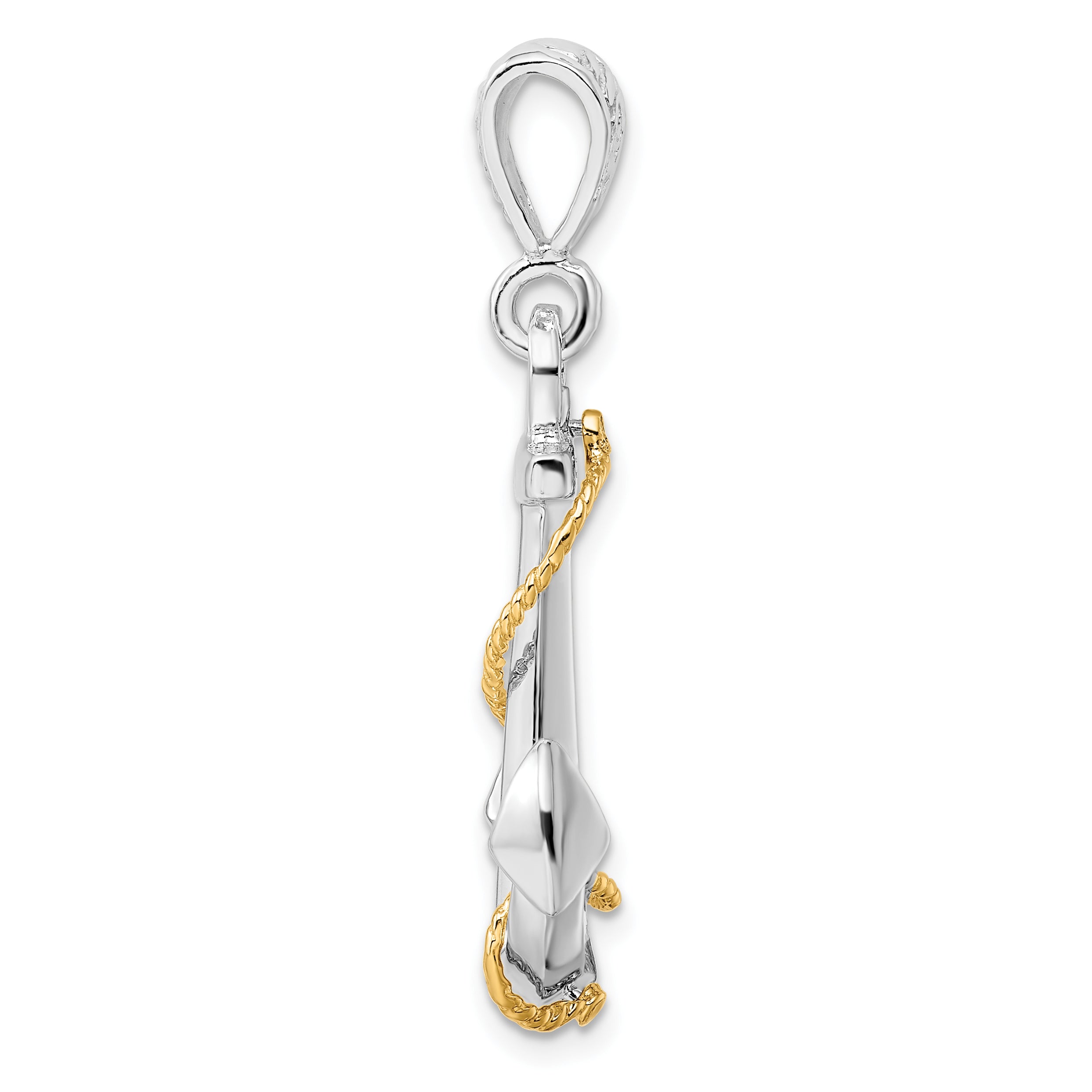 De-Ani Sterling Silver Rhodium-Plated Polished 3D Anchor with 14k Rope Pendant