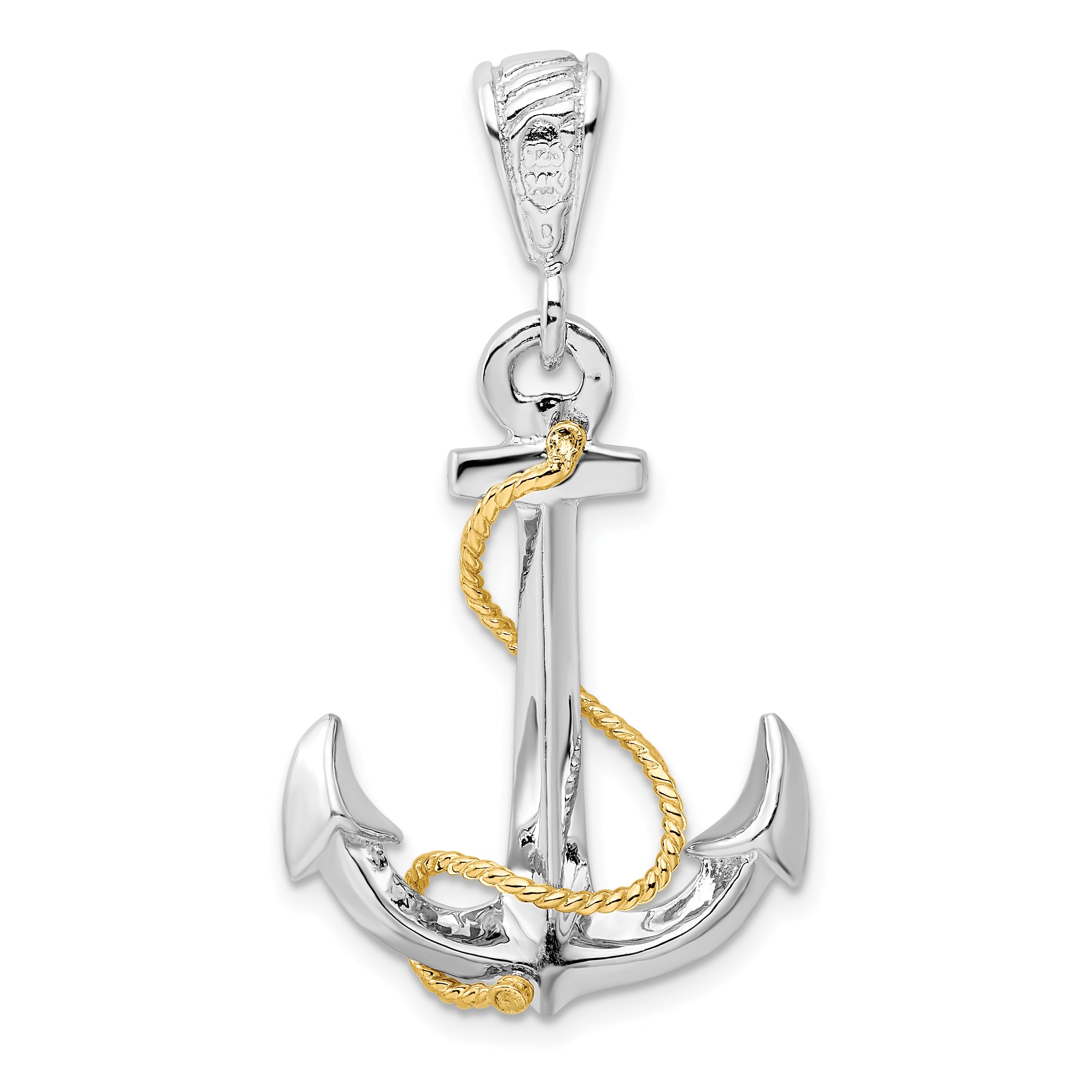 De-Ani Sterling Silver Rhodium-Plated Polished 3D Anchor with 14k Rope Pendant