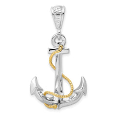 De-Ani Sterling Silver Rhodium-Plated Polished 3D Anchor with 14k Rope Pendant