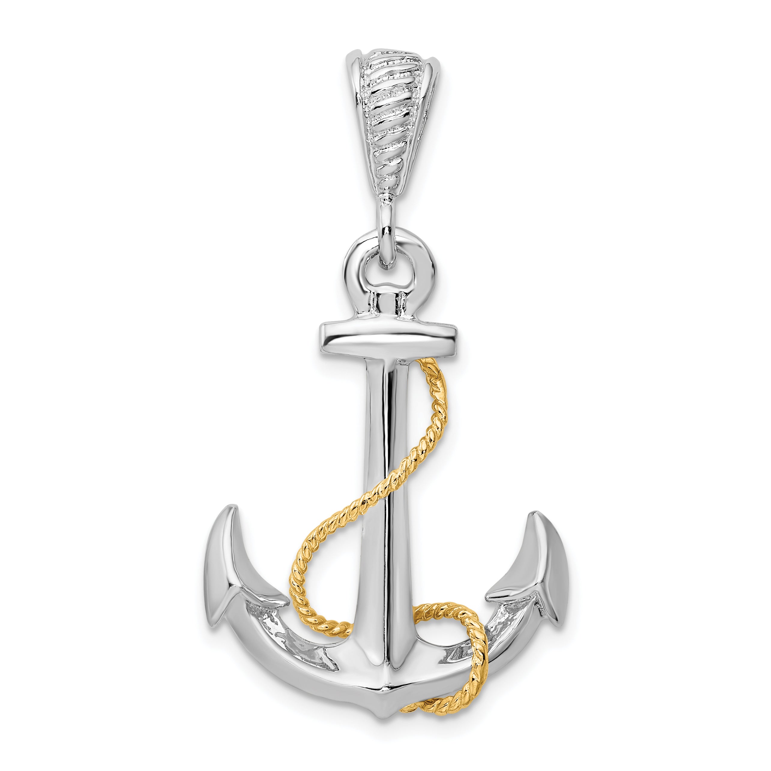 De-Ani Sterling Silver Rhodium-Plated Polished 3D Anchor with 14k Rope Pendant