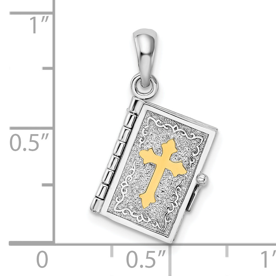 De-Ani Sterling Silver Rhodium-Plated Texture Lords Prayer Bible with 14k Cross Pendant