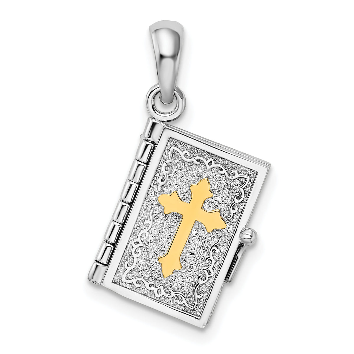 De-Ani Sterling Silver Rhodium-Plated Texture Lords Prayer Bible with 14k Cross Pendant