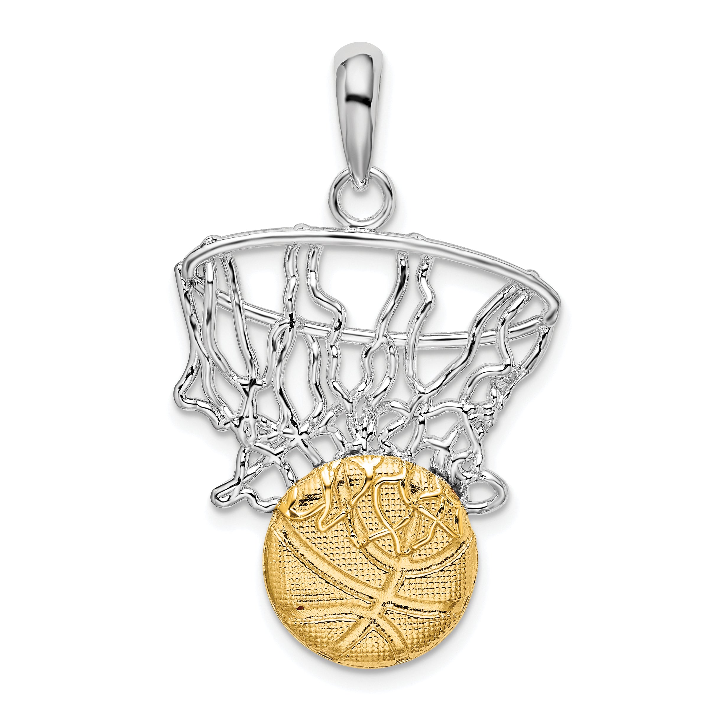 De-Ani Sterling Silver Rhodium-Plated Polished Net with 14k Basketball Pendant