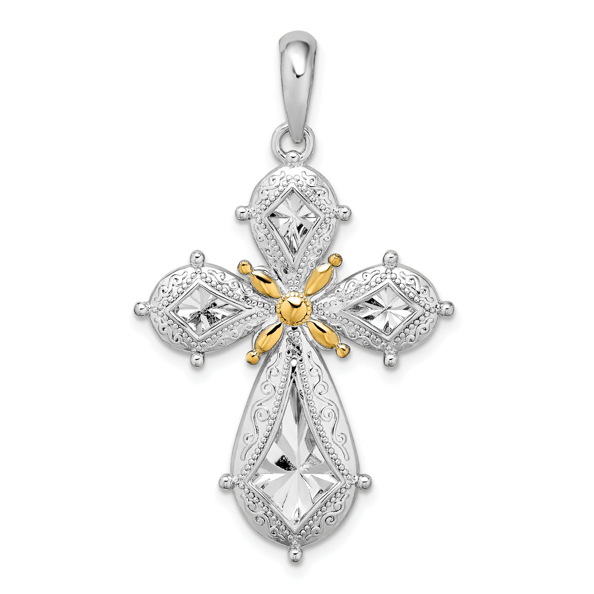 De-Ani Sterling Silver Rhodium-Plated Polished Filigree Cross with 14k Accent Pendant