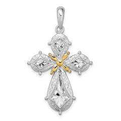 De-Ani Sterling Silver Rhodium-Plated Polished Filigree Cross with 14k Accent Pendant