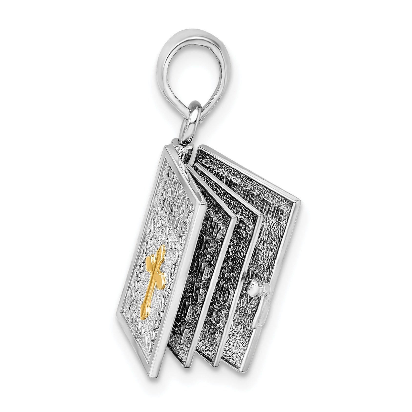 De-Ani Sterling Silver Rhodium-Plated 3D Lords Prayer Holy Bible with 14k Pendant