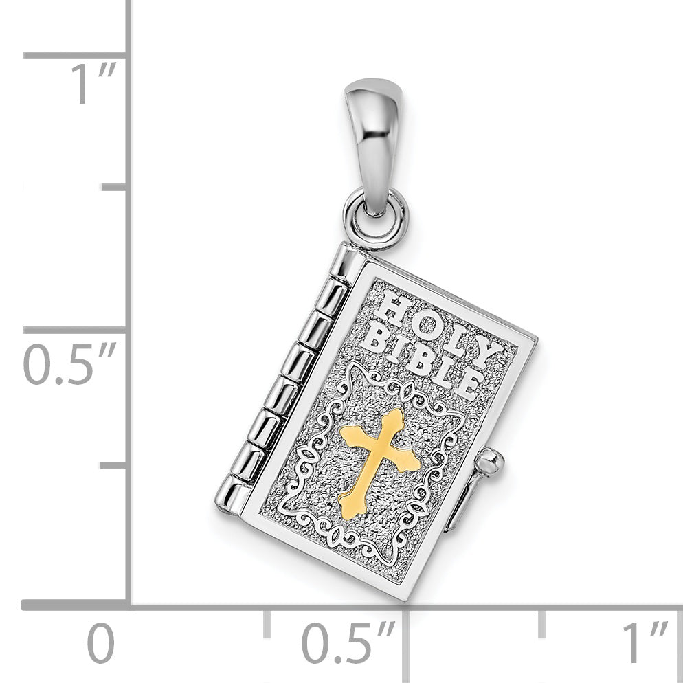 De-Ani Sterling Silver Rhodium-Plated 3D Lords Prayer Holy Bible with 14k Pendant