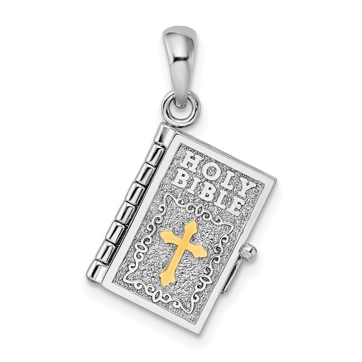 De-Ani Sterling Silver Rhodium-Plated 3D Lords Prayer Holy Bible with 14k Pendant