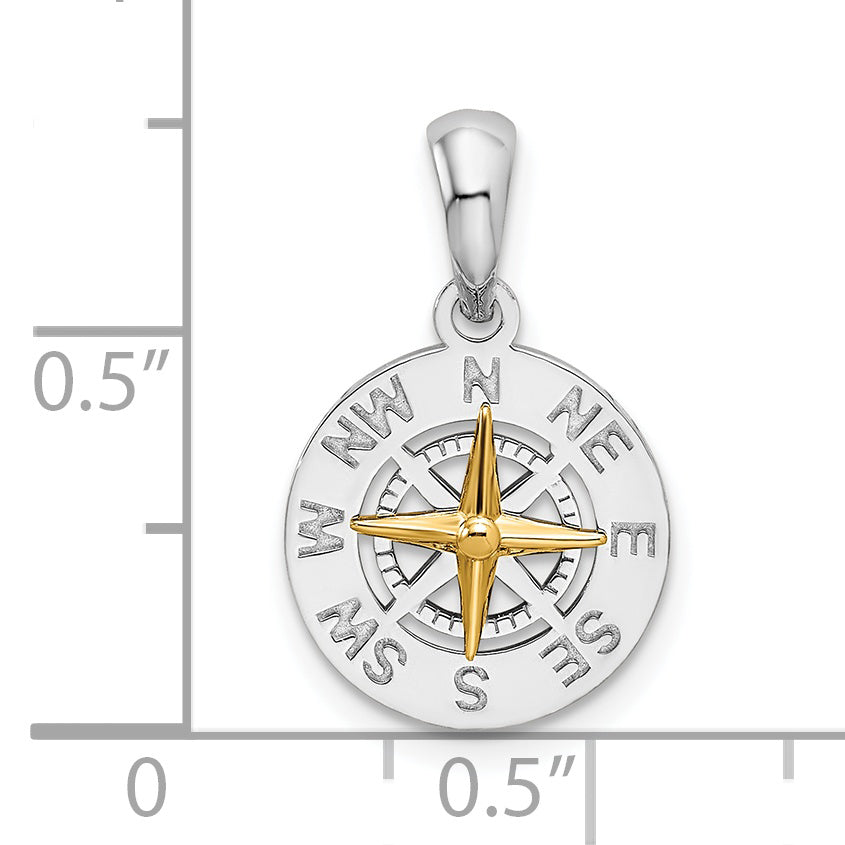 De-Ani Sterling Silver Rhodium-Plated Polished Mini Compass with 14k Needle Pendant