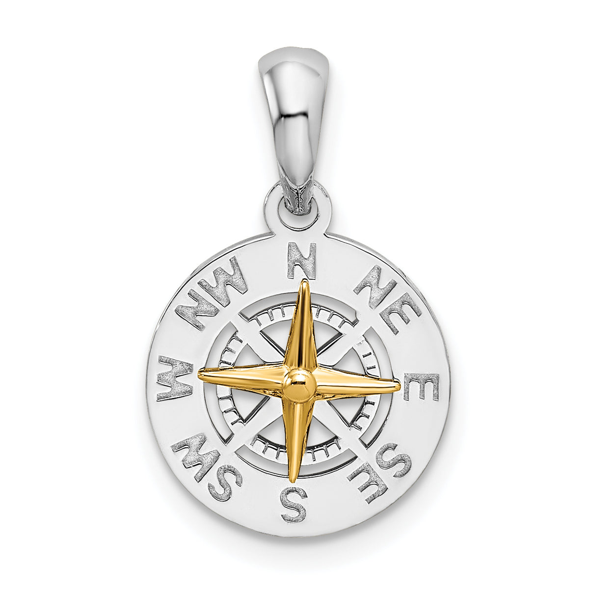 De-Ani Sterling Silver Rhodium-Plated Polished Mini Compass with 14k Needle Pendant