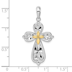 De-Ani Sterling Silver Rhodium-Plated Diamond-Cut Rounded Cross with 14k Accent Pendant