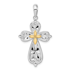 De-Ani Sterling Silver Rhodium-Plated Diamond-Cut Rounded Cross with 14k Accent Pendant