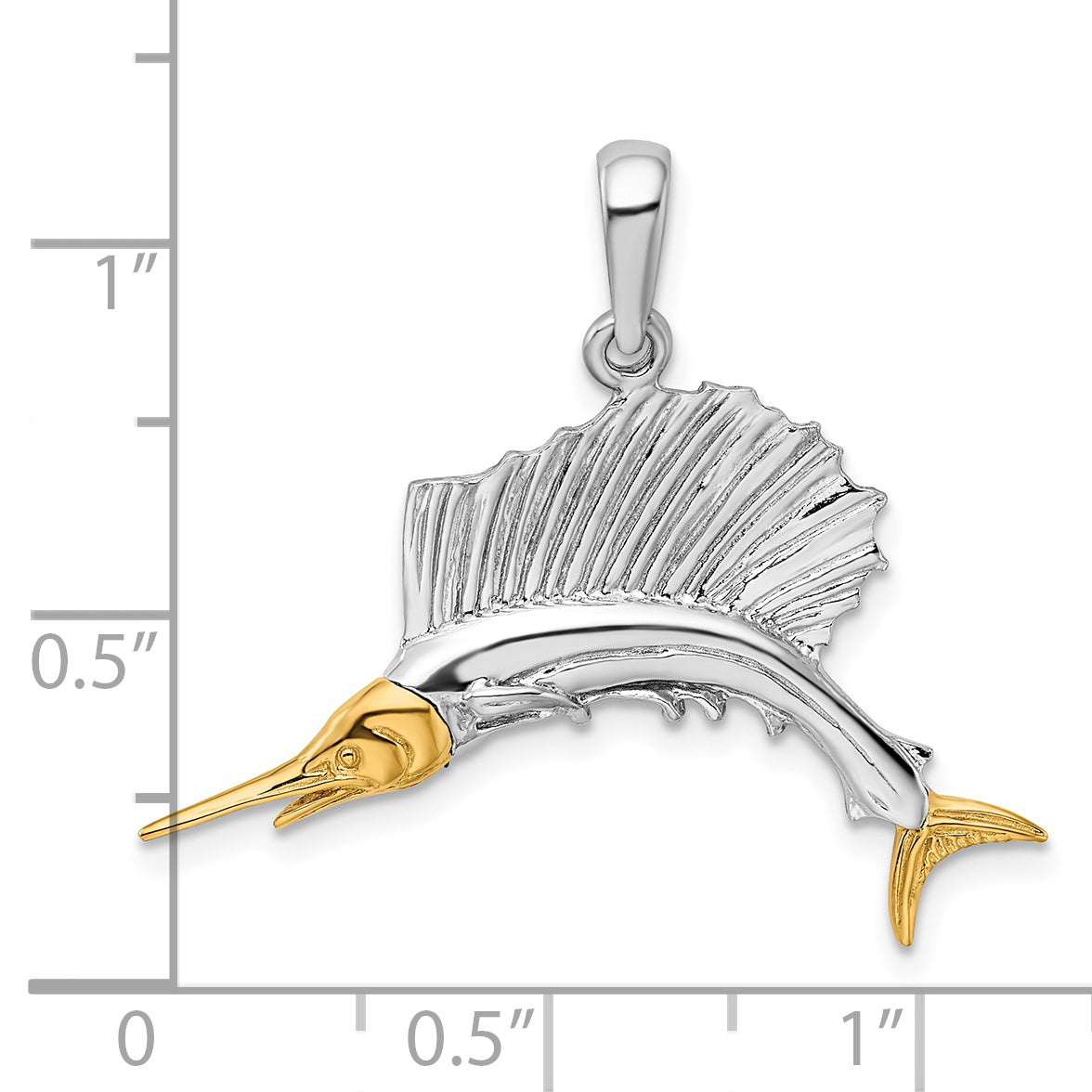 De-Ani Sterling Silver Rhodium-Plated Polished Sailfish with 14k Accents Pendant