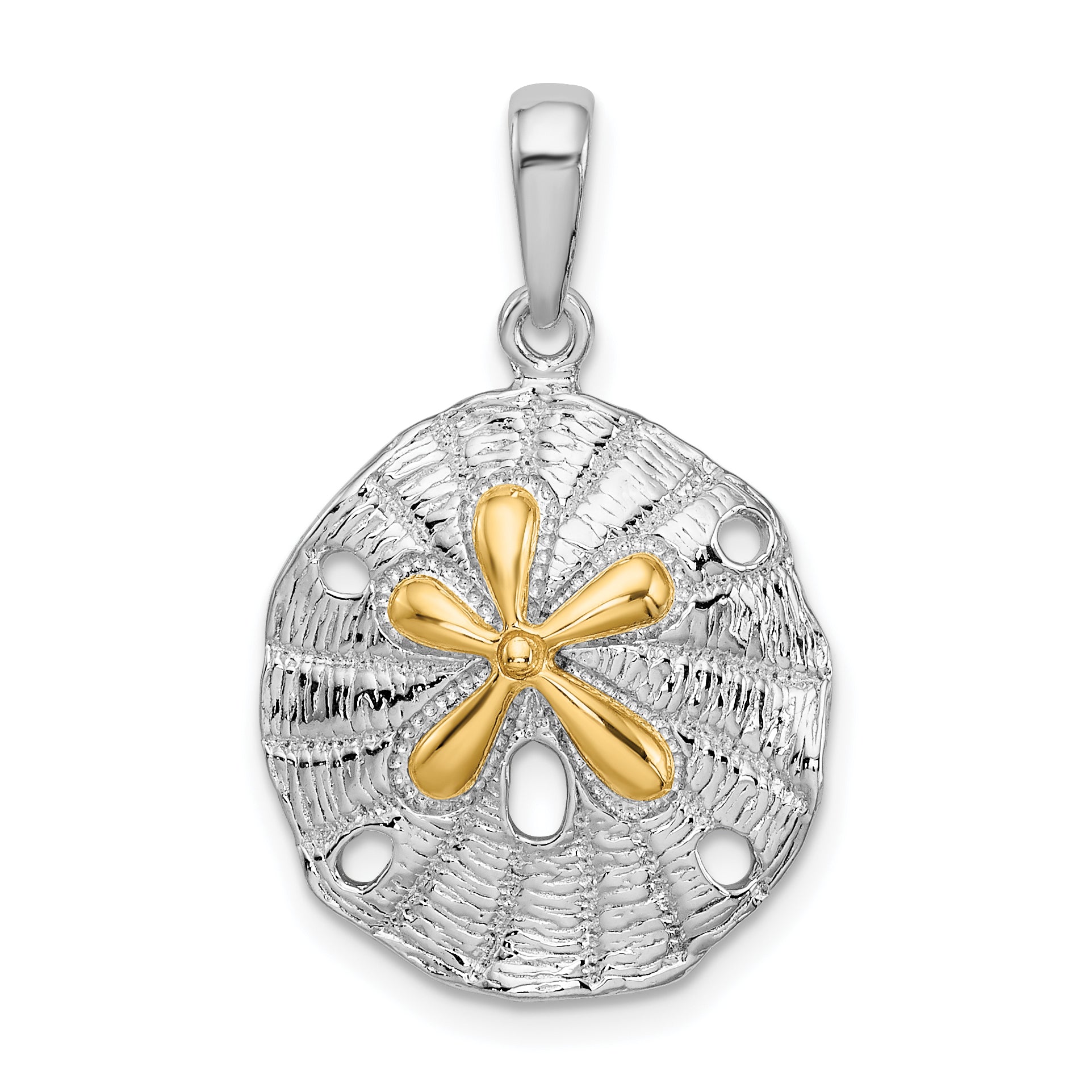 De-Ani Sterling Silver Rhodium-Plated Textured Sand Dollar with 14k Accent Pendant